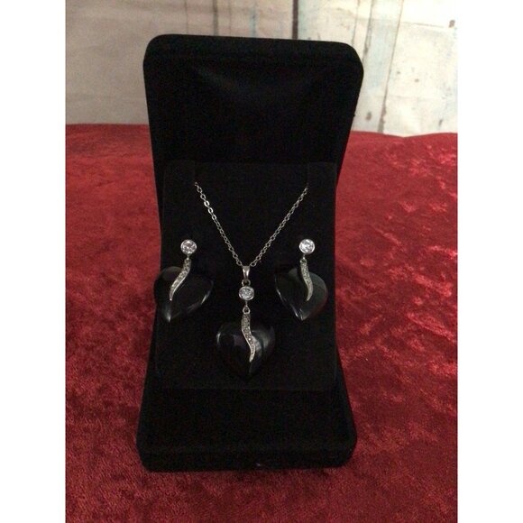 Black Heart Pendant Necklace & Earrings Set With Rhinestone Accents Silver Chain - Picture 1 of 6